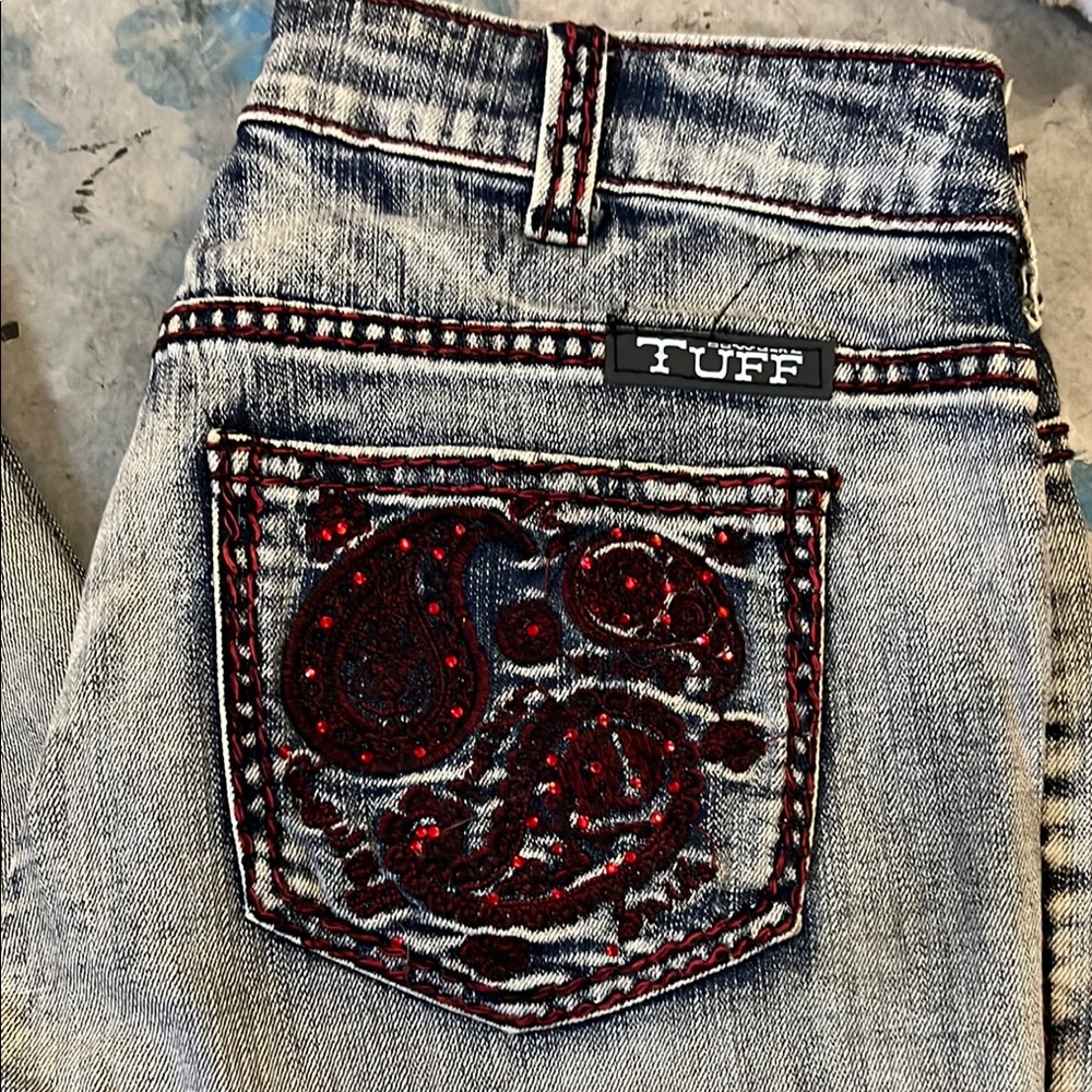 Cowgirl Tuff Blue and Red Boot Cut Jeans with Embroidered Design
